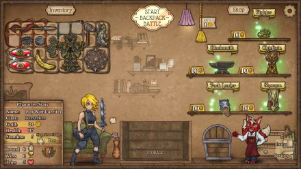 HD desktop wallpaper featuring Backpack Battles video game interface with inventory and character stats, ready for battle.