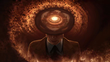 Oppenheimer movie-inspired HD desktop wallpaper featuring a stylized figure with a mushroom cloud explosion as a backdrop.