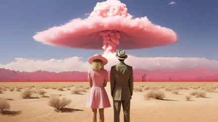 HD desktop wallpaper featuring an imagined crossover between Oppenheimer and Barbie (2023) movies with a couple staring at a mushroom cloud in a desert setting.