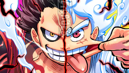 Anime 4K Ultra HD desktop wallpaper featuring Monkey D. Luffy from One Piece, split between his Gear Fourth and Gear 5 transformations with vibrant colors and dynamic energy.