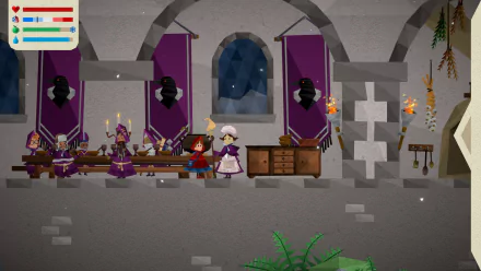 HD desktop wallpaper featuring a scene from 'Passing By - A Tailwind Journey' video game with characters in a medieval-style room.