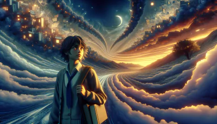 Animated student looking at a surreal sunset landscape HD wallpaper.
