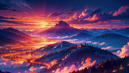 Vibrant 4K Ultra HD digital art of a mountain landscape at sunset, with glowing clouds and winding rivers illuminating the valley below.