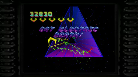 HD desktop wallpaper of Llamasoft video game featuring retro graphics with 32890 eat electric death text, colorful vector shapes on a dark background.