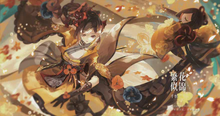 HD PC desktop wallpaper featuring Chiori from Genshin Impact, surrounded by autumn leaves and warm, golden hues in a detailed, vibrant illustration.