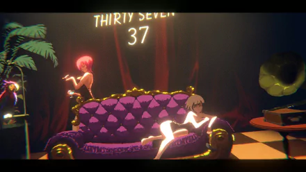 HD pixel art desktop wallpaper from the video game ANNO: Mutationem featuring two characters on a purple couch under glowing THIRTY SEVEN text in a dimly lit room.