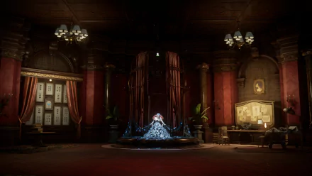 HD PC desktop wallpaper of Sofia from Lies Of P — a gothic red parlor with chandeliers and Sofia seated atop a glowing fountain centerpiece.