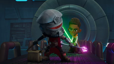 A captivating HD wallpaper from Star Wars: Young Jedi Adventures, featuring a character in a helmet wielding a weapon while another character stands ready with a lightsaber.