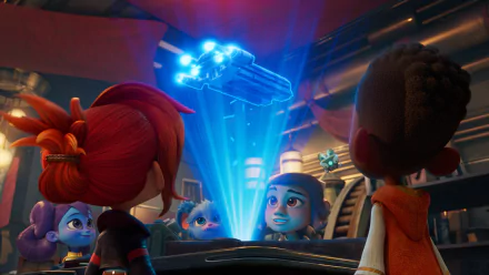 HD wallpaper of 'Star Wars: Young Jedi Adventures' featuring animated young Jedi characters watching a hologram projection in a high-tech setting.