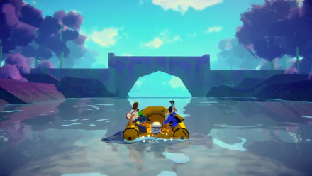 Highwater video game HD desktop wallpaper featuring two characters rafting through a serene waterway with stylized purple foliage and a large stone arch in the background.