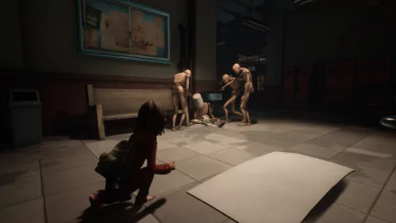 A dark and atmospheric HD desktop wallpaper from the video game Gylt, featuring a crouched character observing eerie figures in an abandoned environment.