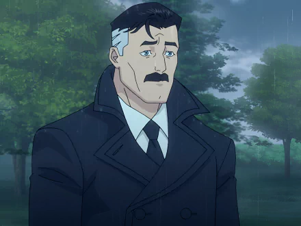 HD wallpaper of the character Omni-Man from the TV show Invincible, showcasing him in a somber mood against a backdrop of misty trees.