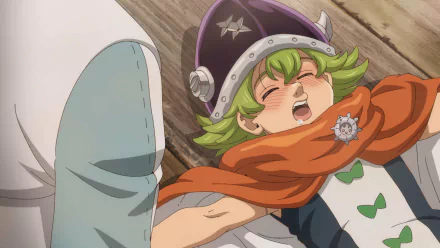 HD anime wallpaper featuring a character from The Seven Deadly Sins: Four Knights of the Apocalypse laughing with eyes closed.