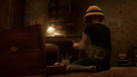 HD wallpaper featuring a mysterious scene from the video game Alone in the Dark (2024) with a character examining items in a dimly lit vintage room.