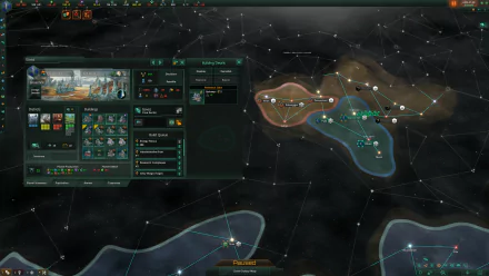 HD wallpaper featuring a Stellaris video game interface with a detailed view of a galaxy map, planets, and user interface elements.