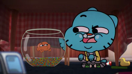 HD desktop wallpaper featuring Gumball Watterson from The Amazing World of Gumball looking at a fishbowl in a cartoon-style room setting.