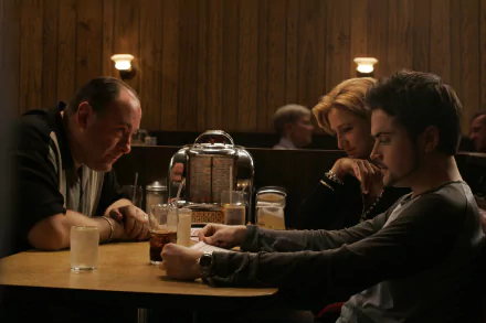 HD wallpaper featuring characters from The Sopranos TV show having a conversation at a diner table, evoking the iconic style of the series.