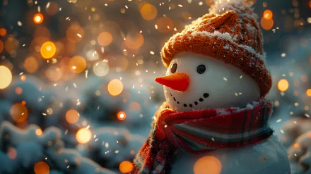 HD wallpaper of a cheerful snowman wearing a hat and scarf amidst sparkling snowflakes.