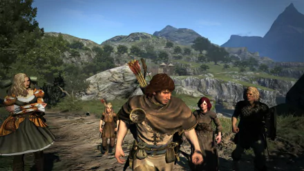 HD Wallpaper of Dragon's Dogma 2 showcasing a group of adventurers in a scenic landscape with lush greenery and mountains in the background.
