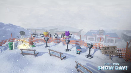 HD wallpaper featuring a snowy scene from the video game South Park: Snow Day!, showcasing characters and a wintry landscape in the town setting.