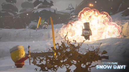 HD wallpaper from South Park: Snow Day video game featuring characters in a snowy landscape with an explosion.