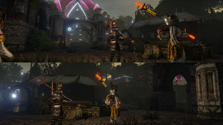 HD wallpaper of Outward video game featuring a night-time scene with a character holding a torch in a medieval village setting.