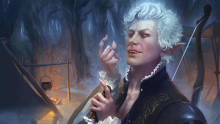 HD desktop wallpaper featuring a character from Baldur's Gate 3 video game set against a moody, mystical background ambiance.