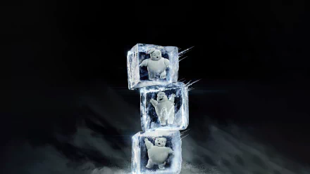 HD wallpaper featuring three ice blocks with ghost figures from the movie 'Ghostbusters: Frozen Empire' on a dark, misty background.