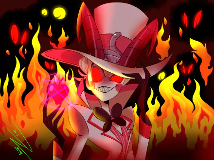 HD desktop wallpaper of Lucifer from Hazbin Hotel, featuring the character with a wicked smile amid flames.
