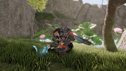 HD desktop wallpaper featuring a character from Perfect New World video game set in a lush green landscape with blooming lotus flowers.