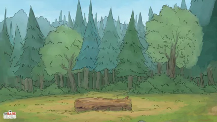 A serene HD desktop wallpaper featuring a forest scene from the TV show We Bare Bears, showcasing lush green trees and a peaceful clearing with a log.