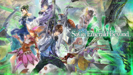 HD wallpaper featuring dynamic artwork from the video game SaGa Emerald Beyond with colorful characters in action poses.