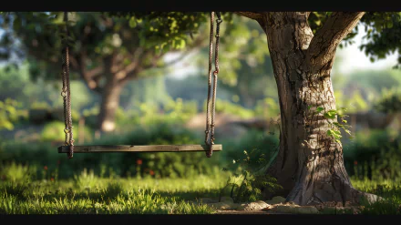 HD wallpaper of a serene tree swing hanging from a sturdy tree in a sunlit grassy meadow.