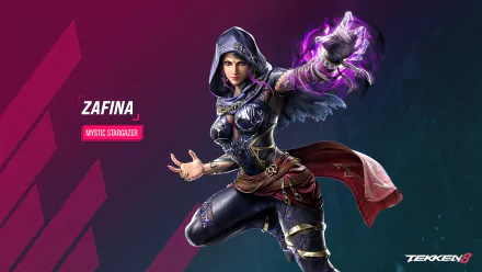 HD desktop wallpaper of Zafina from Tekken 8, showcasing the Mystic Stargazer in a dynamic pose with a purple aura.