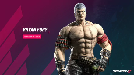 HD wallpaper featuring Bryan Fury, a character from Tekken 8, known as the Harbinger of Chaos, showcasing his powerful physique and intense presence.