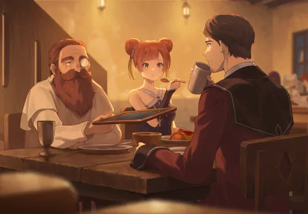 Anime HD desktop wallpaper from Frieren: Beyond Journey's End featuring characters Denken, Laufen, and Heiter sharing a warm meal together in a cozy setting.