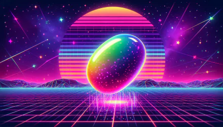 HD desktop wallpaper featuring a colorful, sparkling jelly bean shape in a retro-futuristic neon landscape with a glowing sun.