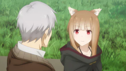 HD wallpaper featuring a scene from Spice and Wolf anime with the wise wolf character conversing with a merchant amidst a green meadow.