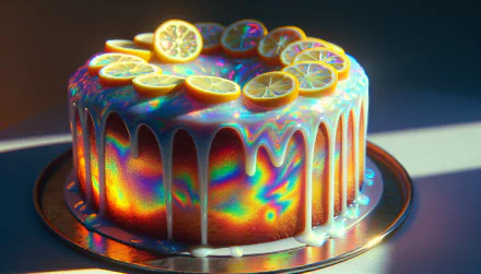 A vibrant lemon drizzle cake with glossy icing and lemon slices, illuminated in rainbow hues, serves as a stunning HD desktop wallpaper and background.