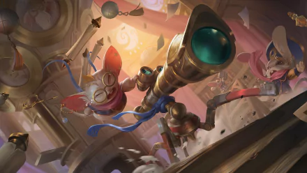 A vibrant HD wallpaper featuring characters from Legends of Runeterra, playfully using a telescope amidst a whimsical setting filled with scattered items.