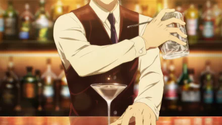 A stylish anime bartender prepares a cocktail behind a bar filled with bottles, creating an engaging HD desktop wallpaper titled Glass of God.