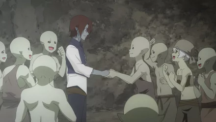 HD wallpaper of a scene from Re:Monster anime featuring a character interacting with a group of goblin-like creatures in a cave setting.