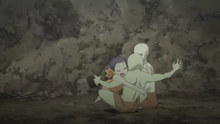 Re:Monster anime HD desktop wallpaper featuring characters in an intense embrace, set against a rugged backdrop.