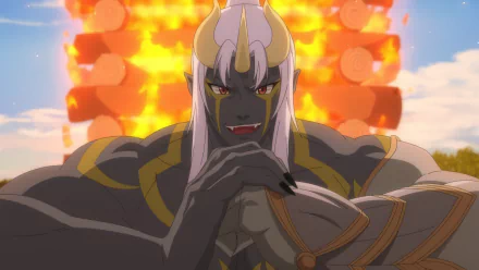 A dynamic HD wallpaper featuring Rou from Re:Monster, showcasing his imposing presence against a backdrop of vibrant flames and an epic landscape.