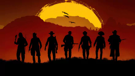Silhouettes of cowboys stand against a vibrant sunset in this HD wallpaper inspired by the western video game Red Dead Redemption, capturing the essence of the wild west.