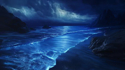 HD wallpaper featuring a stunning bioluminescent ocean wave on a sandy beach with a dramatic stormy sky in the background.