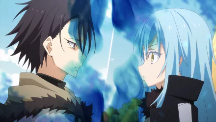 Anime characters Rimuru Tempest and Hinata Sakaguchi face off in a high-definition desktop wallpaper from That Time I Got Reincarnated as a Slime.