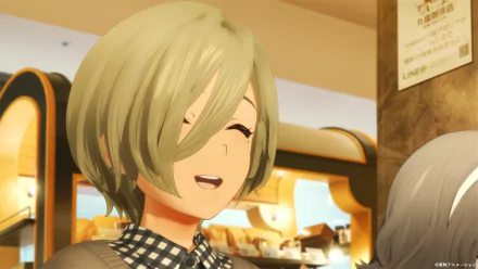 A cheerful anime girl with light green hair smiles brightly, set within a café backdrop. This HD desktop wallpaper features characters from the band Cry.