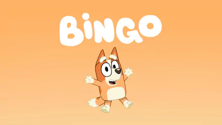 HD desktop wallpaper featuring Bingo from the TV show Bluey on a peach-colored background with the word 'Bingo' displayed above.
