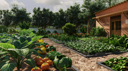 A vibrant vegetable garden bursting with fresh produce, including tomatoes and leafy greens, set against a charming house and lush greenery. Perfect HD wallpaper for garden enthusiasts.